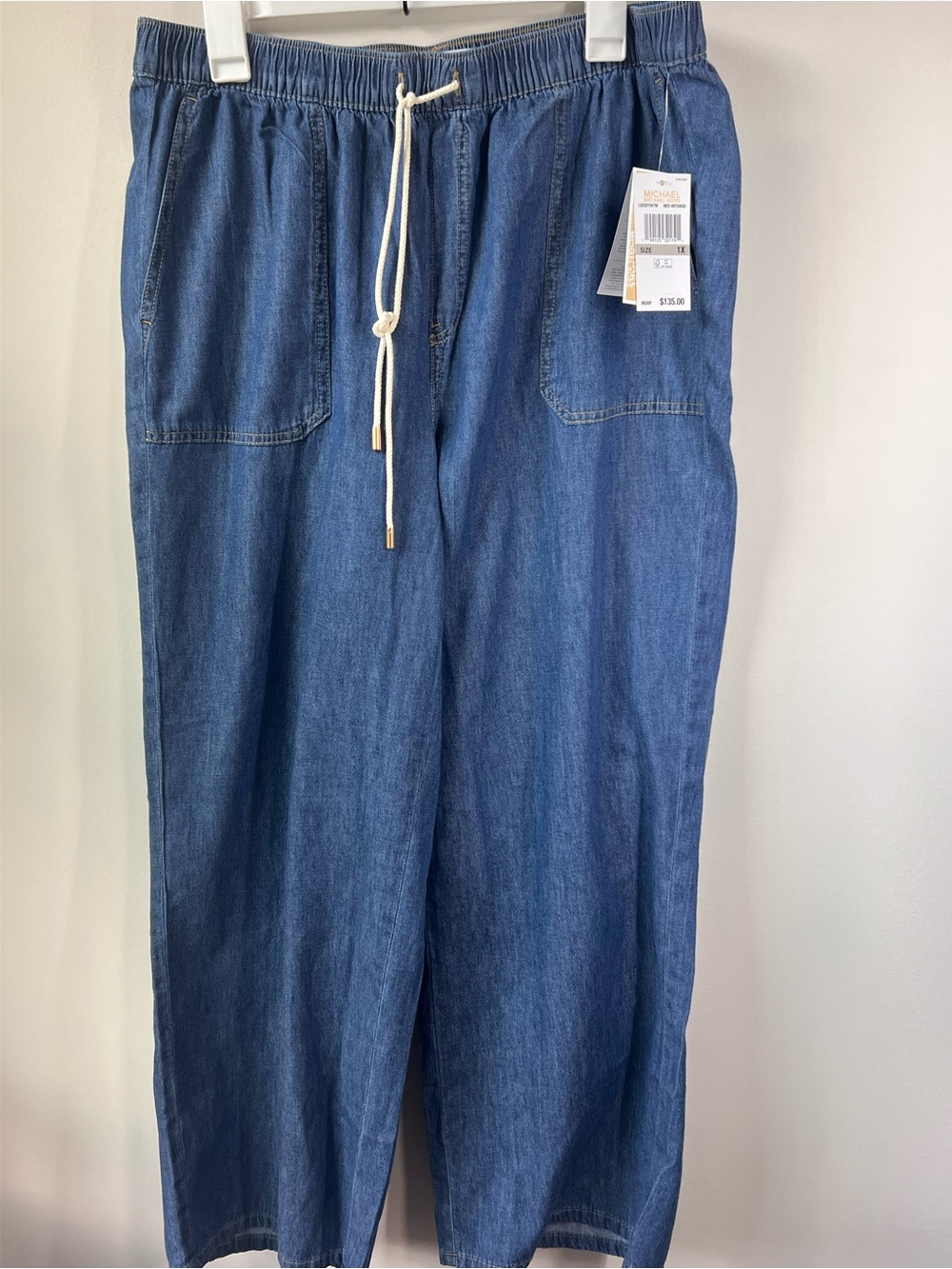 NWT Michael Kors 1X Chambray Wide Leg Drawstring Pants Medium Wash $135